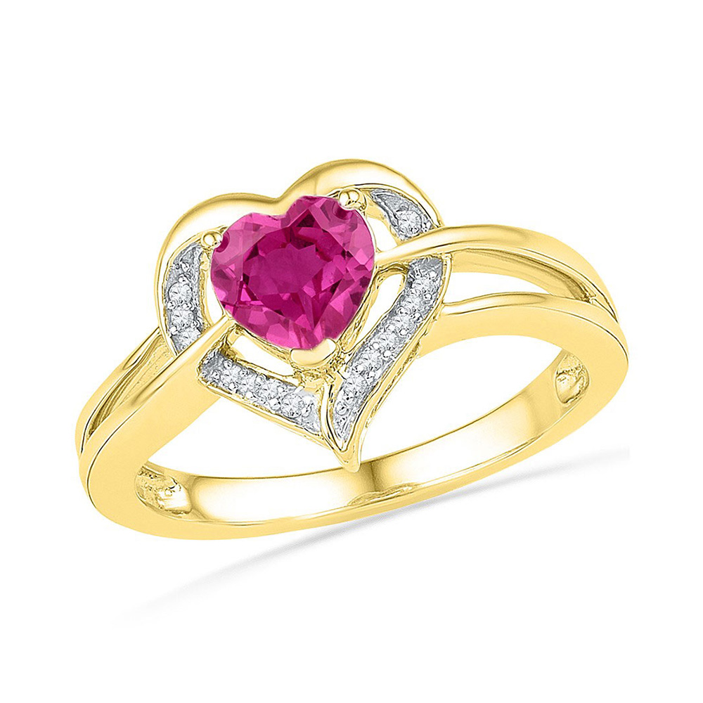10kt Yellow Gold Womens Round Lab-Created Pink Sapphire Heart Ring 1 ...