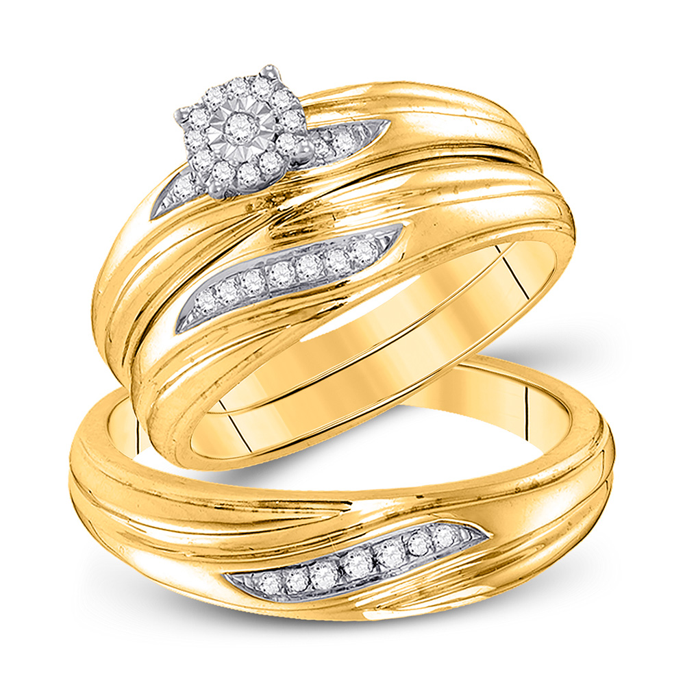 10k Yellow Gold Round Diamond Cluster His Hers Matching Trio Wedding ...
