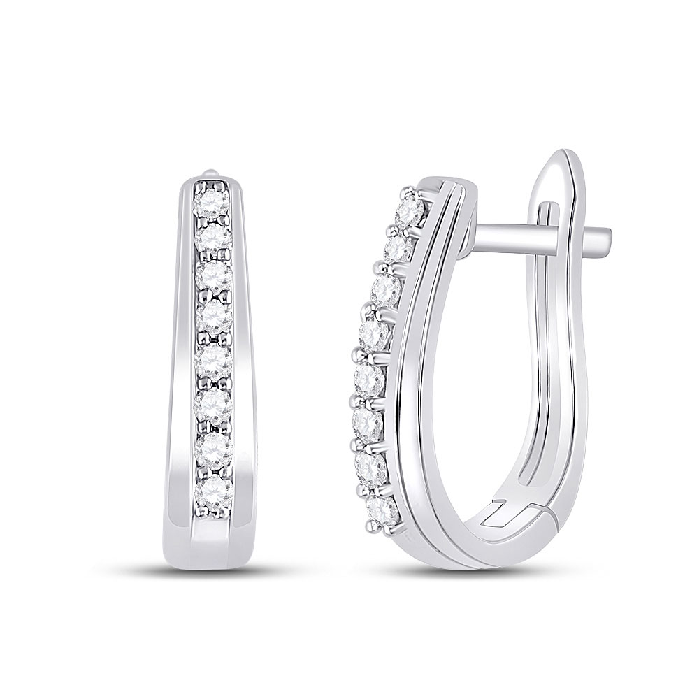 10K White Gold Womens Round Diamond Oblong Hoop Earrings 1/4 Cttw