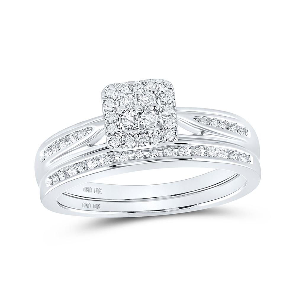 10kt White Gold Diamond Square Cluster Bridal Wedding Ring Band Set 1/4 Cttw