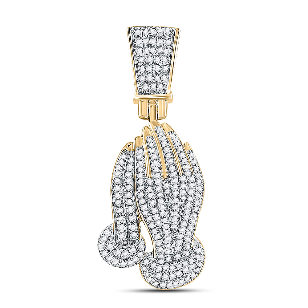 10kt Yellow Gold Mens Round Diamond Praying Hands Faith Charm Pendant 3/8 Cttw