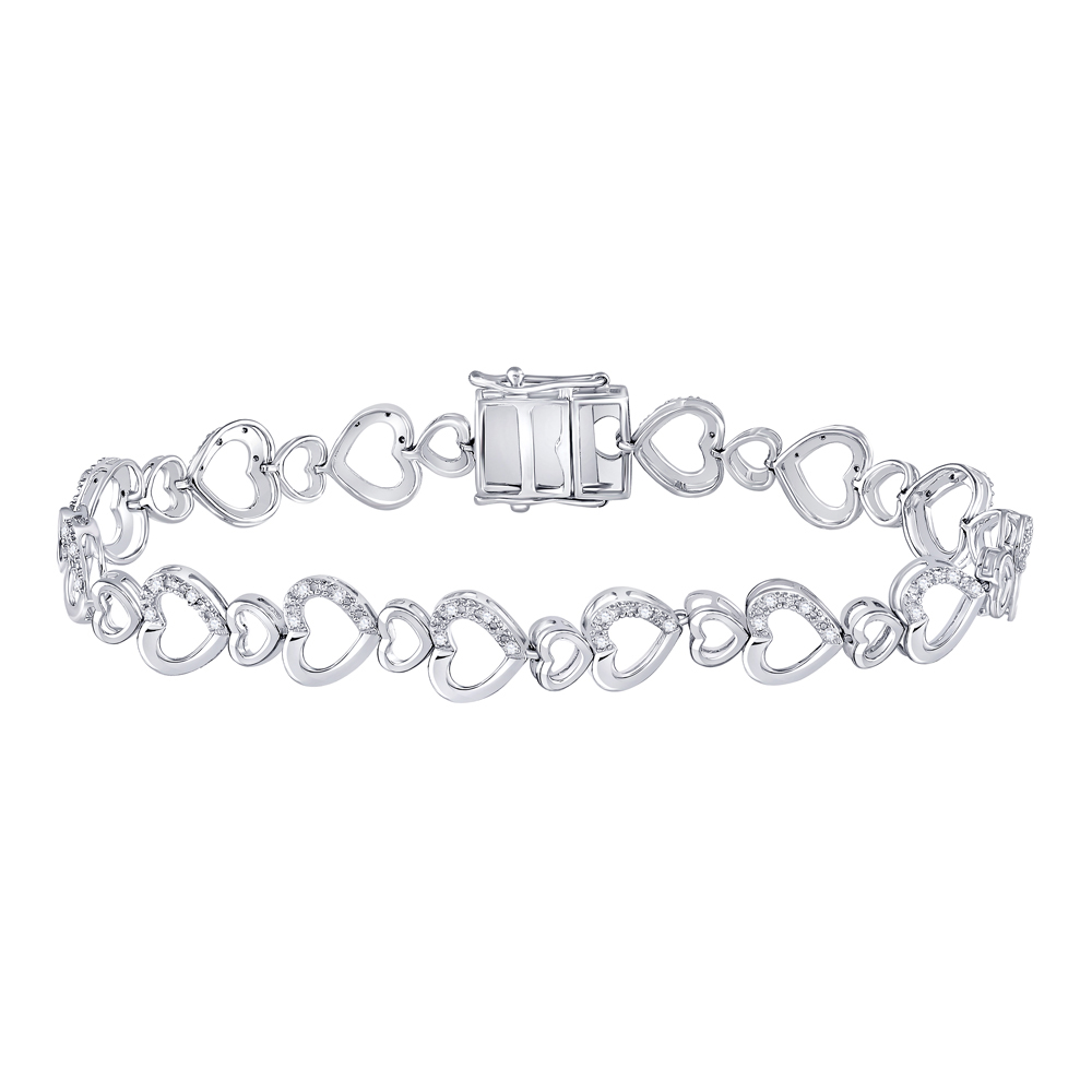 Sterling Silver Womens Round Diamond Heart Tennis Bracelet 1/4 Cttw