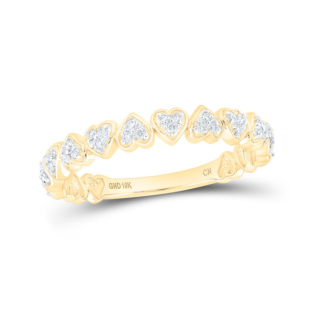 10K Yellow Gold Womens Round Diamond Heart Stackable Band Ring 1/8 Cttw