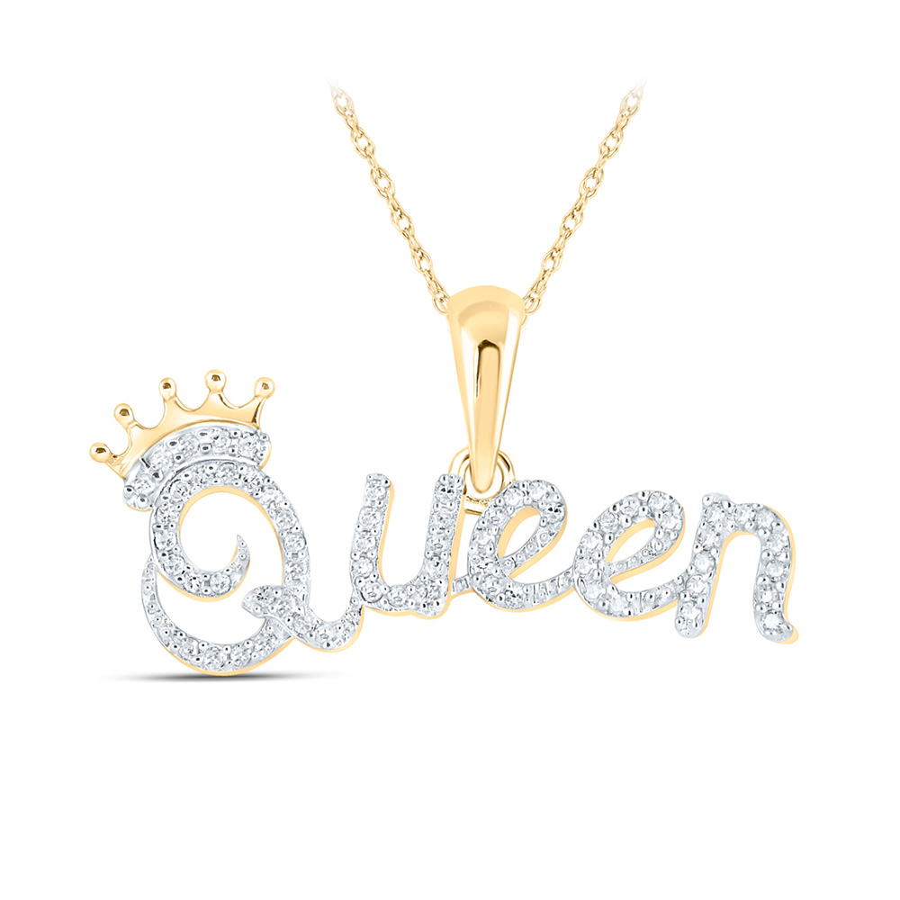 10K Yellow Gold Womens Round Diamond Queen Crown Fashion Pendant 1/6 Cttw