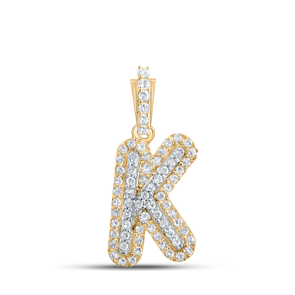 10K Yellow Gold Mens Round Diamond K Initial Letter Charm Pendant 1/5 Cttw