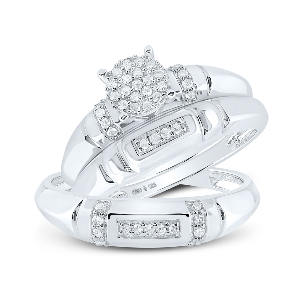 Sterling Silver His Hers Round Diamond Cluster Matching Wedding Set 1/4 Cttw