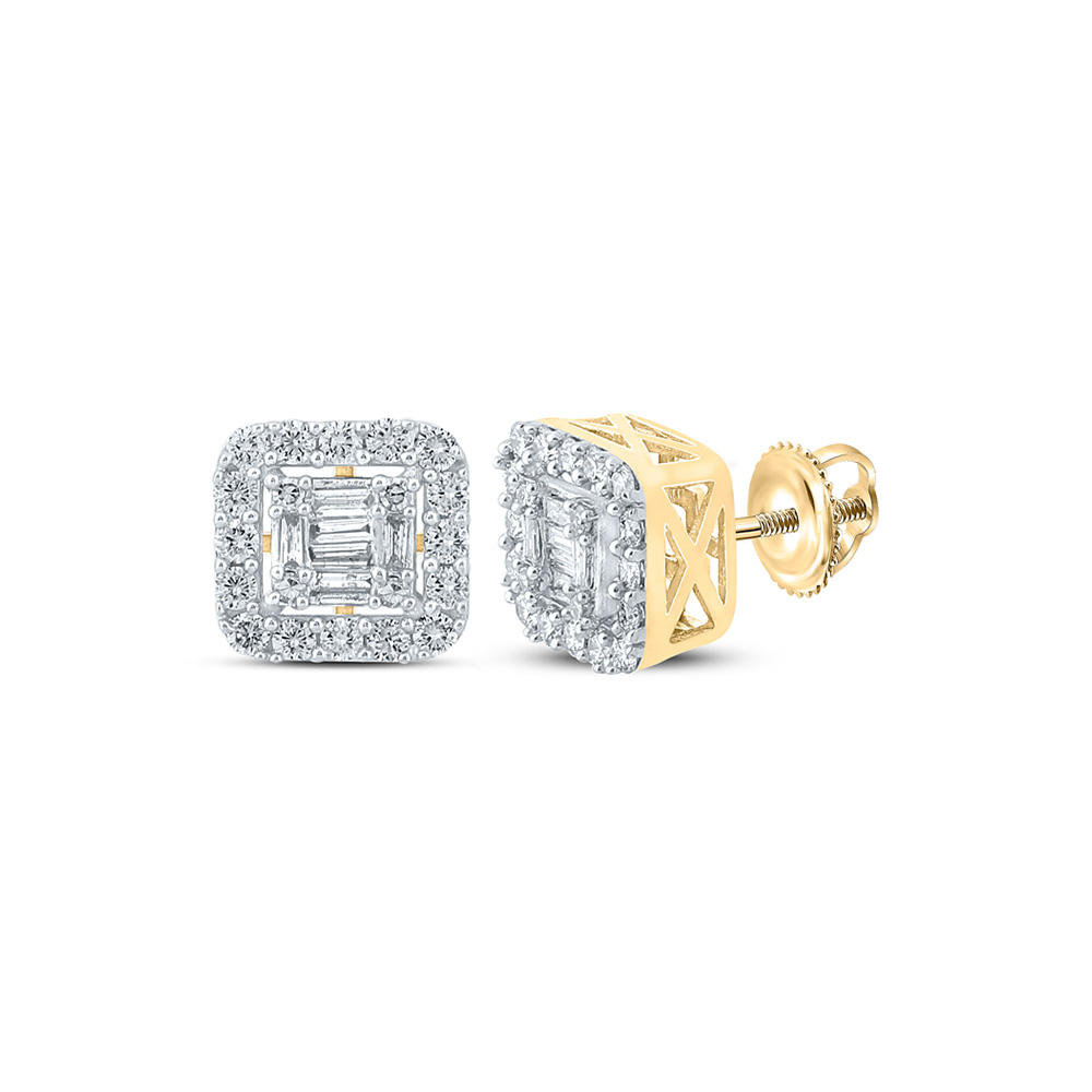 14kt Yellow Gold Mens Baguette Diamond Square Earrings 5/8 Cttw