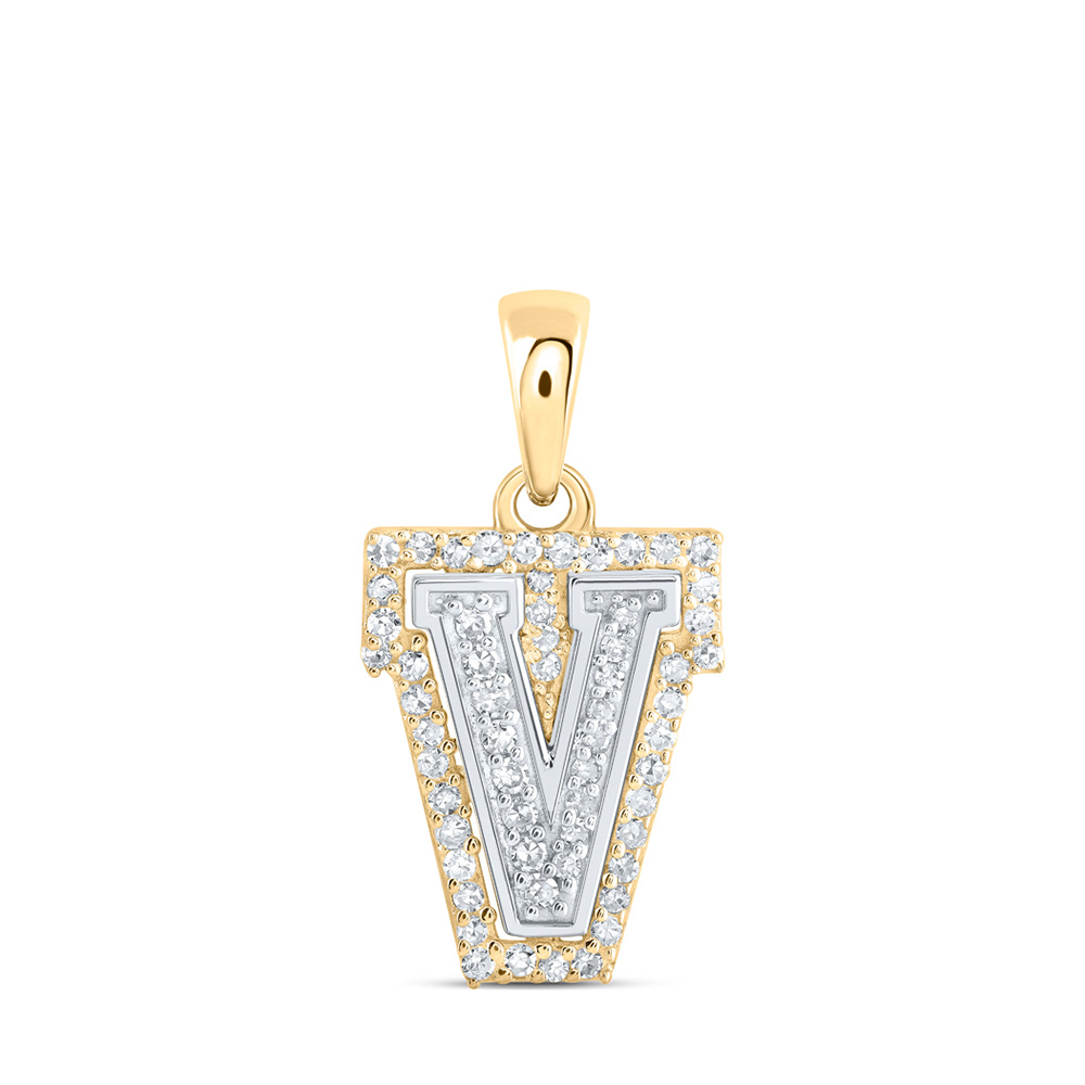 10K Two-tone Gold Womens Round Diamond V Initial Letter Pendant 1/6 Cttw