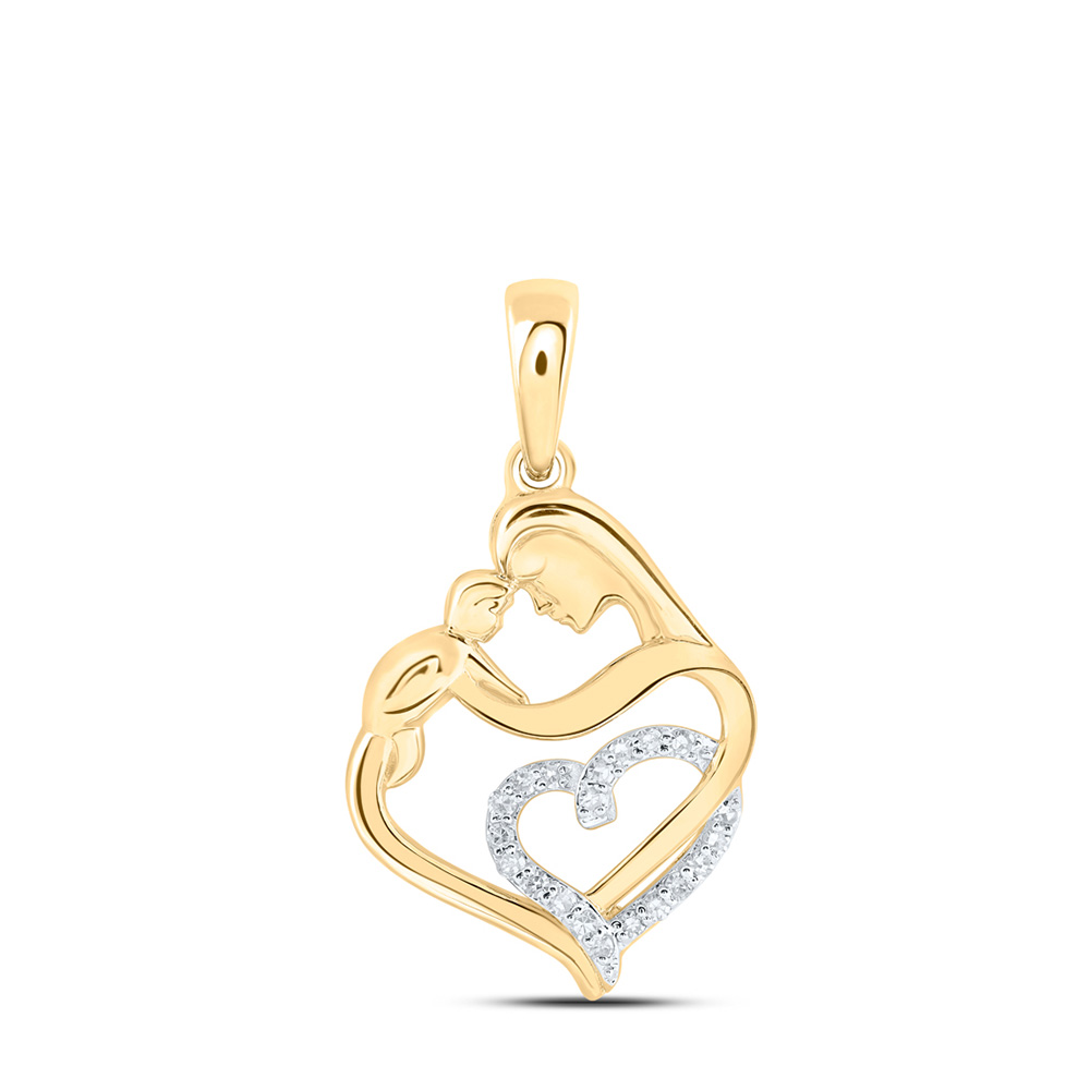 10K Yellow Gold Womens Round Diamond Mom Child Heart Pendant 1/12 Cttw