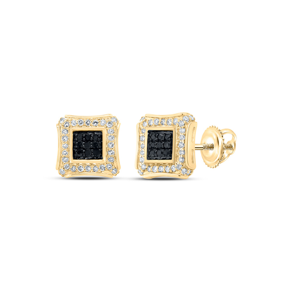 10K Yellow Gold Mens Round Black Color Treated Diamond Square Earrings 1/4 Cttw