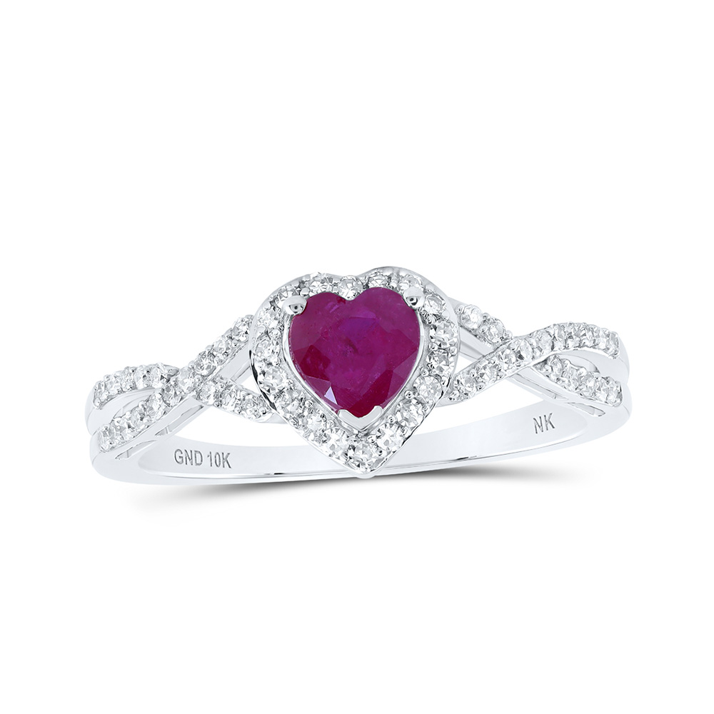 10K White Gold Womens Heart Ruby Diamond Halo Ring 1 Cttw