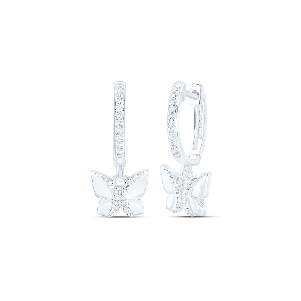10K White Gold Womens Round Diamond Butterfly Hoop Dangle Earrings 1/6 Cttw
